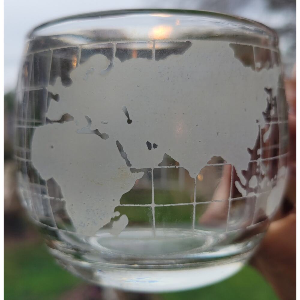 Set of 5 Nestle World Map Globe Etched Glass Clear Coffee Cup 3" Mugs VTG 1970s
